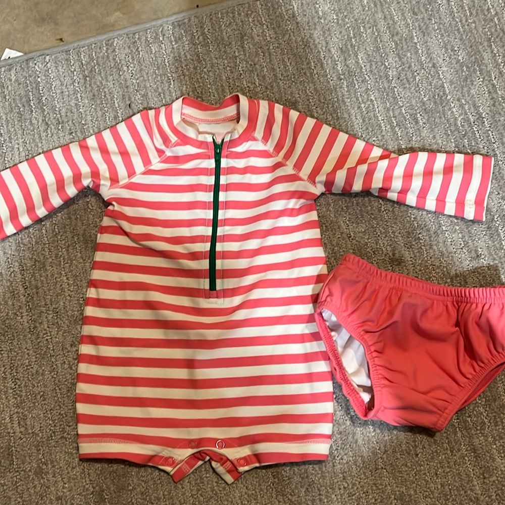 Primary baby one-piece in pink/white stripe & pink swim diaper